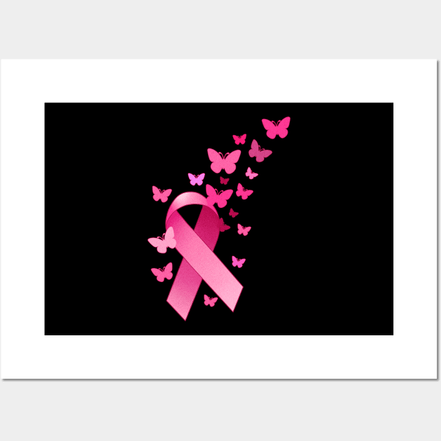 Breast Cancer Awareness Ribbon And Butterflies Gift Print Wall Art by Linco